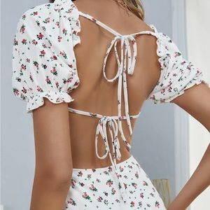 Ditsy Floral Print Puff Sleeve Tie Backless Ruffle Hem Dress